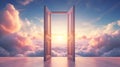 Doors open to a vibrant sky above the clouds. Concept of heaven, hope, dreams, positivity, new horizons, freedom, the