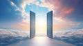 Doors open to vibrant sky above the clouds. Concept of heaven, hope, dreams, positivity, new horizons, freedom, the Royalty Free Stock Photo