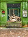 Doorway blocked by broken concrete benches in Vietnam