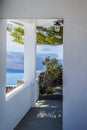 Doorway of Greek island home with sea view Royalty Free Stock Photo
