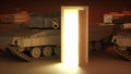 Doorway light unveils military tanks, their barrels poised ominously. Evokes tension and conflict