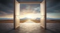 Doorway revealing a scenic road leading to mountains under a sunset sky. Concept of new beginnings, hope, freedom Royalty Free Stock Photo