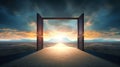 Doorway revealing scenic road leading to mountains under a sunset sky. Concept of new beginnings, hope, freedom, travel Royalty Free Stock Photo