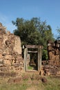 Doorway. The ruins of an old building. Abandoned stone buildings. Landscape