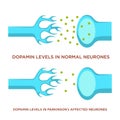 Dopamin level in normal neurones and with Parkinson disease