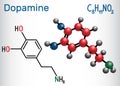 Dopamine DA molecule. Structural chemical formula and molecul