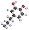 Dopamine neurotransmitter molecule. Catecholamine class compound that also acts as hormone. Atoms are represented as spheres with Royalty Free Stock Photo