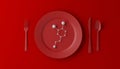 Serotonin on red plate with spoon, knife and fork on red background. 3d illustration.