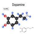 Dopamine. Structural chemical formula and model of molecule