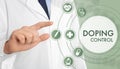 Doping control. Doctor pointing at chart with icons on color background, closeup Royalty Free Stock Photo