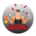 Doping drugs and fit sportsman inside circle emblem