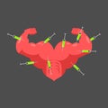 Doping for love. Strong heart and steroids. Syringe with anabolic. Bodybuilder love. Vector illustration