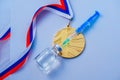 Doping in Sport, Gold medal for victory, syringe, glass bottle with doping