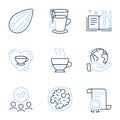 Doppio, Love coffee and Recipe book icons set. Almond nut, Tea and Walnut signs. Vector