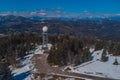 Doppler rain or weather radar on the top of the hill called Pasja Ravan in Slovenia on cold winter day. Beautiful sunny day and Royalty Free Stock Photo