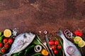 Dorada, fresh fish with vegetable, lemon, herbs, onion, paprika, cherry tomatoes, onion, salt Royalty Free Stock Photo