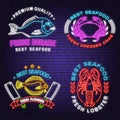 Dorade, lobster, flounder, crab neon sign. Vector. For seafood emblem, sign, patch, shirt, menu restaurants, fish