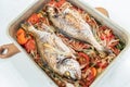 Dorado fish, cooked on vegetable cushion of in metal baking tray on white background.