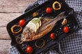 Dorado fish cooking on the grill pan close-up. horizontal top v Royalty Free Stock Photo