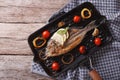 Dorado fish cooking on the grill pan. horizontal top view Royalty Free Stock Photo