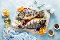 Dorado fish grilled with oranges, cranberries and rosemary, Mediterranean food. Christmas festive healthy dinner, top view