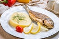 Dorado on grill with mashed potatoes on plate Royalty Free Stock Photo