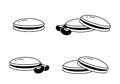 Dorayaki. Linear icons set of Japanese pancakes with bean filling. Kind of wagashi with anko. Black simple illustration. Contour