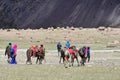 Dorchen, Tibet, China, June, 18, 2018. People with a horse making parikrama around Kailas in Tibet