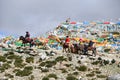 Dorchen, Tibet, China, June, 18, 2018. People on horses making parikrama around Kailas in Tibet