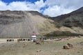 Dorchen, Tibet, China, June, 18, 2018. Pilgrims near the white Buddhist stupa at the beginning of the Cora around Kailas