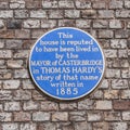 Dorchester, Dorset, UK. July 4 201. Thomas Hardy Blue Plaque in Dorchester.