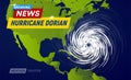 Dorian Hurricane cyclone on USA map, typhoon spiral storm over Florida, spin vortex on black background, breaking news Royalty Free Stock Photo