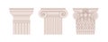 Doric, Ionic and Corinthian types of column capitals. Set of Roman and Greek orders of pillar tops. Ancient architecture