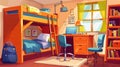 Dorm room with bunk bed, laptop on desk, office chair, storage and bookshelves. Modern cartoon interior of a dorm room