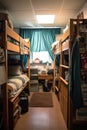 a dorm room with bunk beds, personal items, and study materials Royalty Free Stock Photo