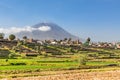 Dormant Misti Volcano over the fields and houses of peruvian city of Arequipa
