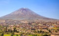 Dormant Misti Volcano over the streets and houses of peruvian city of Arequipa