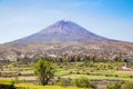 Dormant Misti Volcano over the streets and houses of peruvian city of Arequipa