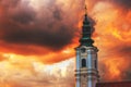 Dormition church tower in Novi Sad, Serbia. Beautiful orthodox religious building in summer sunset