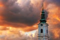 Dormition church tower in Novi Sad, Serbia. Beautiful orthodox religious building in summer sunset