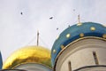 Dormition church of Trinity Sergius Lavra. Birds fly around cupolas Royalty Free Stock Photo