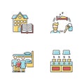 Dormitory RGB color icons set. Family dorm. Communal kitchen. Common space. Shared bedroom. Renting. Campus library