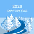 2026 Happy New Year banner blue rout, fir tree stock vector illustration Royalty Free Stock Photo