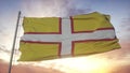 Dorset flag, England, waving in the wind, sky and sun background