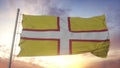 Dorset flag, England, waving in the wind, sky and sun background. 3d rendering