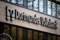 DORTMUND, GERMANY - NOVEMBER 5, 2022: Logo of Dotmunder Volksbank Bank on their main office for Dortmund. Dortmunder Volksbank is Royalty Free Stock Photo