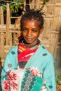 DORZE, ETHIOPIA - JANUARY 29, 2020: Girl of Dorze ethnicity in her village, Ethiop