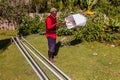 DORZE, ETHIOPIA - JANUARY 30, 2020: Dorze man is showing their traditional way of weaving, Ethiop