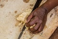 Dorze woman is preparing dough for kocho bread made of enset & x28;false banana& x29;, important source of food, Ethiop