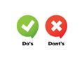 Dos and dont good and bad icon check. Negative positive list, true wrong like anf fail logo